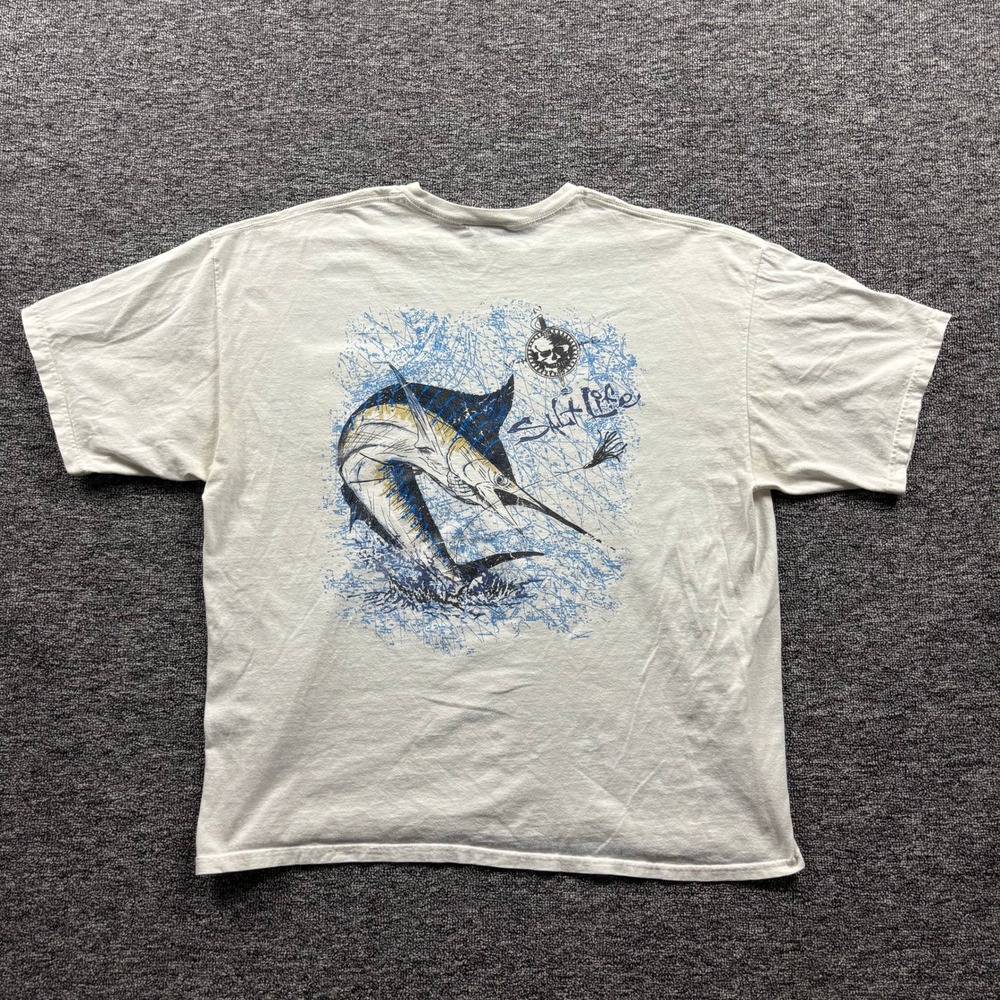 Y2K Salt Life Marlin Fishing Coastal Graphic Pocket T-Shirt White Size Xl